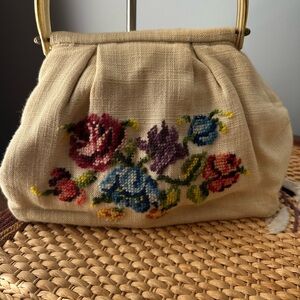 Cream and Red Floral Embroidered Clutch with Gold Frame vintage